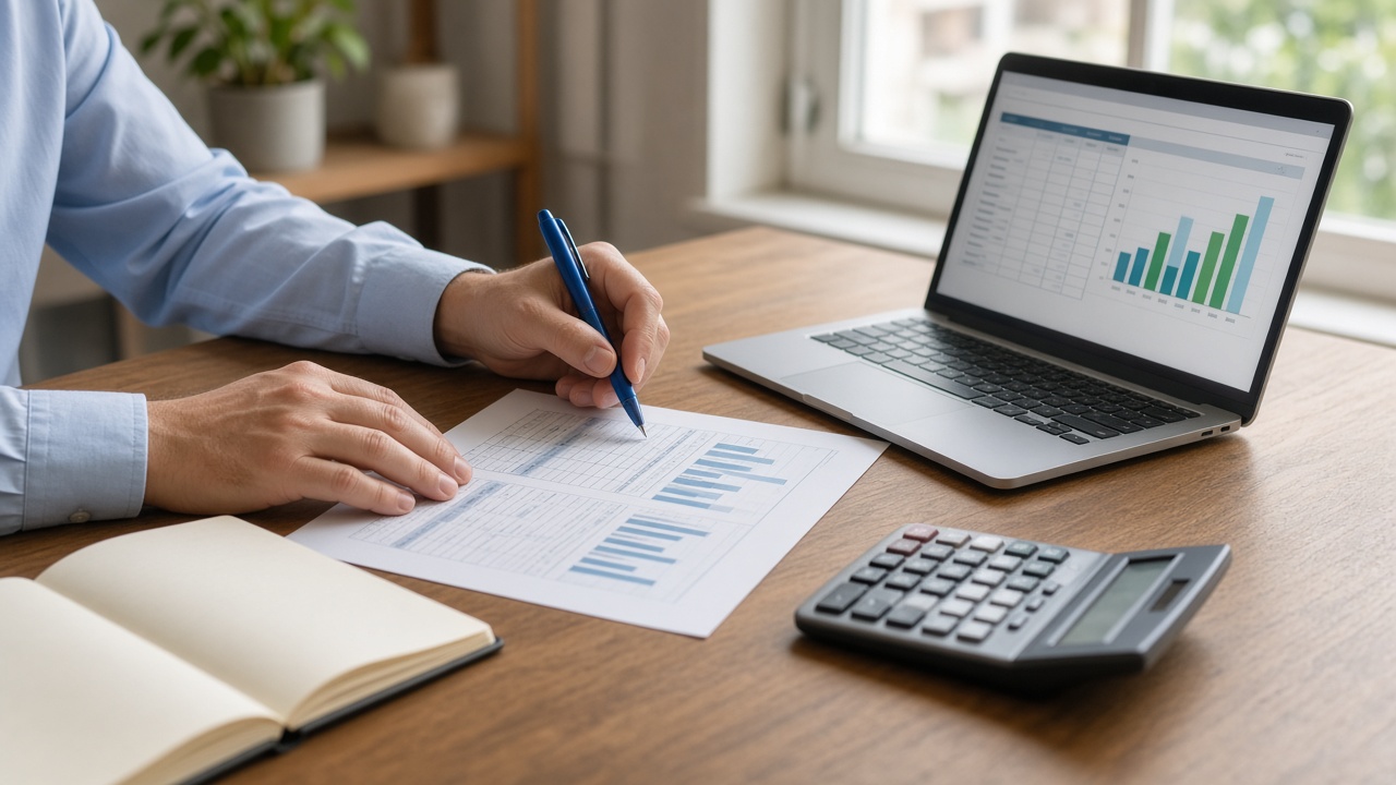 Accounts and compliance Accountant reviewing year-end accounts and a financial spreadsheet