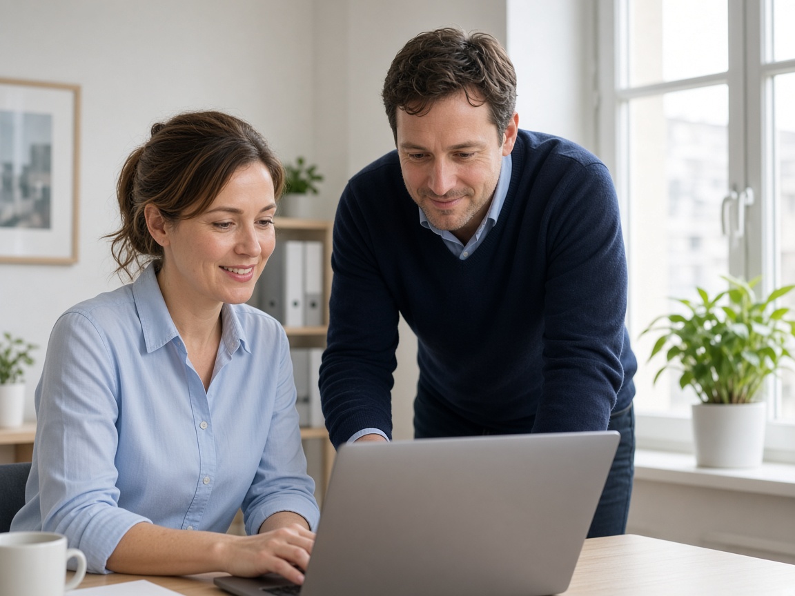 Two colleagues reviewing payroll together in a bright office